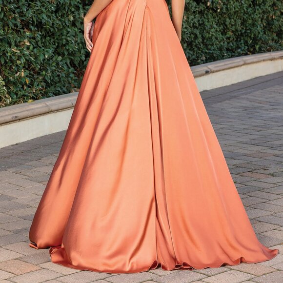 New A-Line Satin Bridesmaid Dress w/ Illusion Plunging Neck & V-Back DQ 4304A - Picture 6 of 9